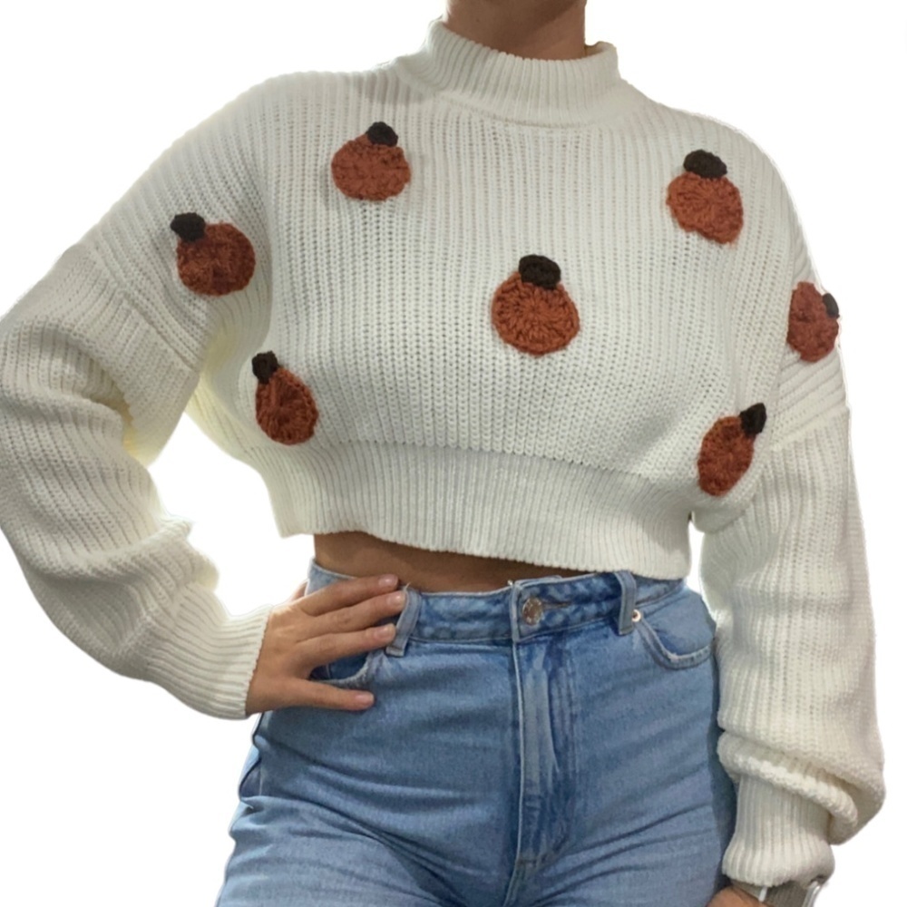 Upcycled PUMPKIN Fall Crocheted Sweater KUWALLA Tee High Collar White Cropped -S